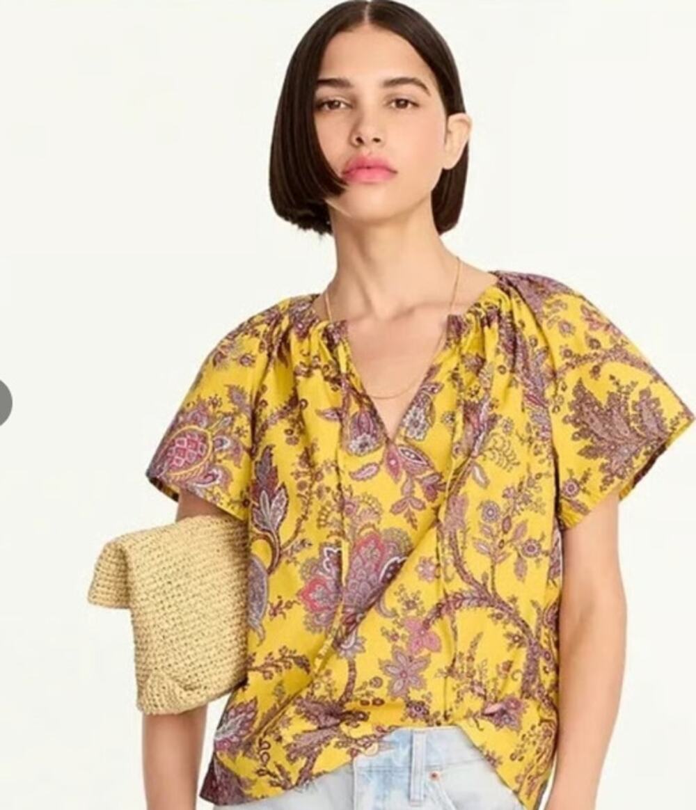 J. Crew Collection Tie-Neck Cotton Poplin Top Blouse Ratti Golden Paisley M